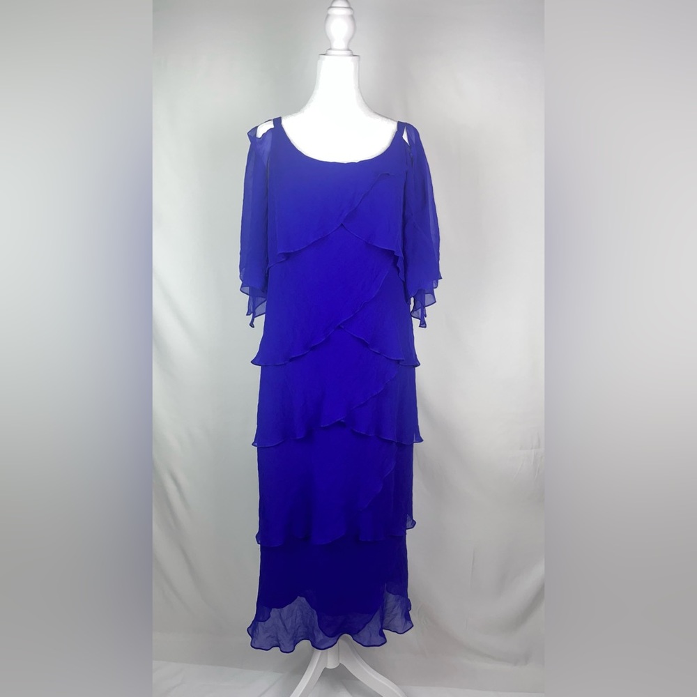 Alexander Daymor Tiered Chiffon Royal Blue Cold Shoulder Sleeve Sz 10 Gala Gown